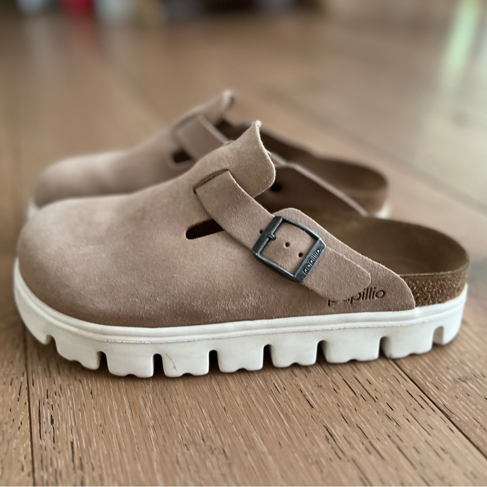 Birkenstock Papillio Tan Suede Platform Mules